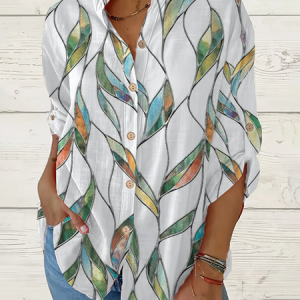Women Leaf Long Sleeve Shirt Spring/Fall Printing Stand Collar Daily Casual Top, JustFashionNow Shirts, color:White|size:5XL,