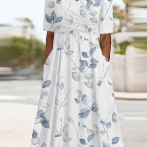 Women Floral Short Sleeve Summer Printing Dress V Neck Daily Casual Maxi A-Line Dress, JustFashionNow Casual Dresses, color:White|size:XXL,