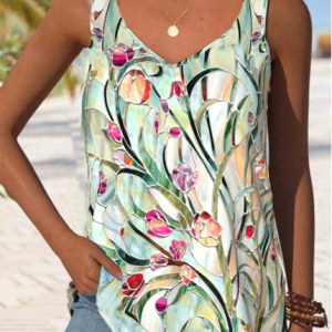 Casual V Neck Floral Tank Top, Tanks & Camis, color:Green|size:4XL, catalog Noracora shop