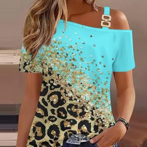 Contrast Leopard Print Cold Shoulder Top, women T-shirt & Tees, ChicMe catalog