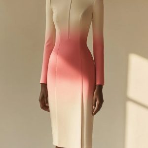 Elegant Ombre Stand Collar Knee Length Dress, Midi Dresses, color:As Picture|size:XXL, Stylewe