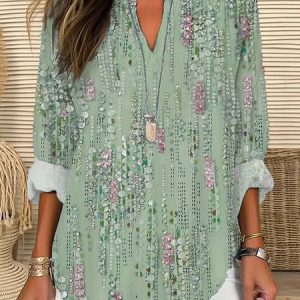 V Neck Long Sleeve Striped Printing Regular Loose Blouse For Women, Blouses, color:Green|size:5XL, catalog Noracora shop