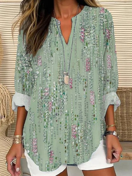 Women Striped Long Sleeve Blouse Spring/Fall Printing V Neck Daily Casual Top, JustFashionNow Shirts, color:Green|size:5XL,