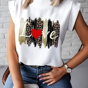 Leopard Heart Love Print Cap Sleeve Top, women T-shirt & Tees, ChicMe catalog