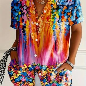 Shirt Collar Short Sleeve Abstract Regular Micro-Elasticity Regular Fit Shirt For Women, Blouses, color:As Picture|size:XXL, catalog Noracora shop