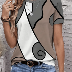 Women Abstract Short Sleeve Tee T-shirt Crew Neck Printing Casual Summer Graphic Tee Top, JustFashionNow T-Shirts, color:Gray-brown|size:XXL,