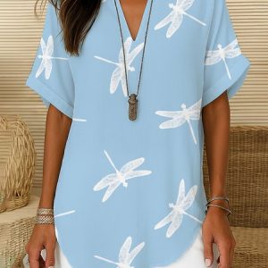 Women Dragonfly Short Sleeve Shirt Summer Printing V Neck Daily Casual Top, JustFashionNow Shirts, color:Blue|size:5XL,