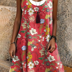 Women Vacation Floral Print Crew Neck Sleeveless Comfy Casual Midi Dress, Dresses, color:Red|size:3XL, catalog Noracora shop