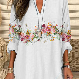 Women Floral Long Sleeve Blouse Spring/Fall Printing V Neck Daily Casual Top, JustFashionNow Shirts, color:White|size:5XL,