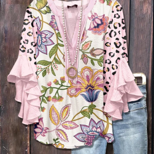 V Neck Half Sleeve Floral Printing Regular Loose Shirt For Women, Blouses, color:Pink|size:5XL, catalog Noracora shop