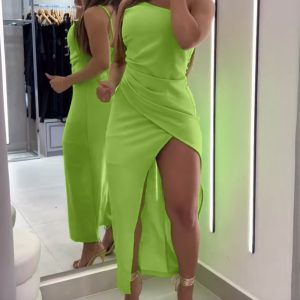 One Shoulder Sleeveless Ruched Dress Casual Side High Slit Maxi Dress, women Maxi Dresses, ChicMe catalog