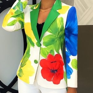 Elegant Printing Floral Lapel Collar Blazer, Blazers, color:As Picture|size:XXL, Stylewe