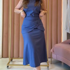 Round Neck Sleeveless Top High Waist Button Fishtail Skirt Sets, women Two-piece Sets, ChicMe catalog