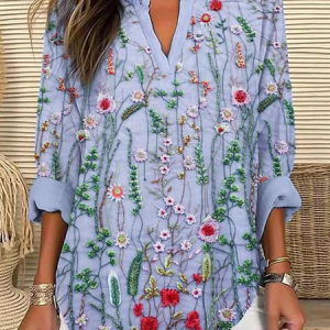 Women Floral Long Sleeve Blouse Spring/Fall Printing V Neck Daily Casual Top, JustFashionNow Shirts, color:Gray|size:5XL,