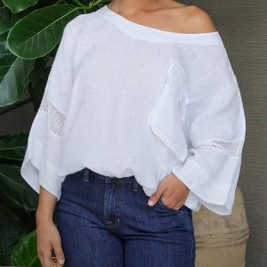 Linen Blend Casual Plain Split Joint Crew Neck Raglan Sleeves Blouse, Blouses and Shirts, color:White|size:XXL, Stylewe