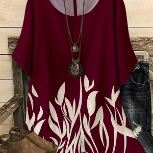 Vintage Plants Crew Neck Three Quarter Sleeve T-shirt, T-shirts, color:Wine Red|size:4XL, catalog Noracora shop