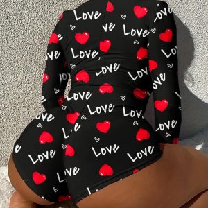 Heart Pattern V Neck Long Sleeve Button Design Rompers Sexy Letter Home Sleep Onesie, women Pajama Rompers & Jumpsuits, ChicMe catalog