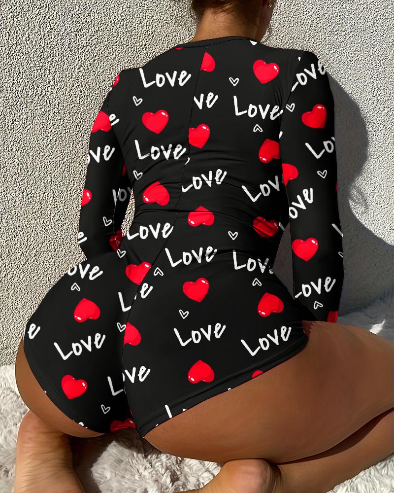 Heart Pattern V Neck Long Sleeve Button Design Rompers Sexy Letter Home Sleep Onesie, women Pajama Rompers & Jumpsuits, ChicMe catalog