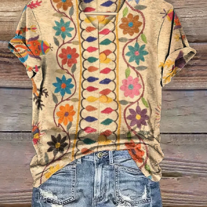 Women Floral Short Sleeve Tee T-shirt V Neck Printing Casual Summer Graphic Tee Top, JustFashionNow T-Shirts, color:Light Khaki|size:XXL,