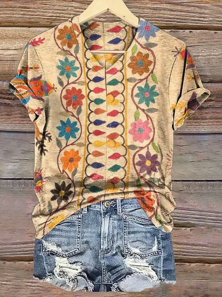 Women Floral Short Sleeve Tee T-shirt V Neck Printing Casual Summer Graphic Tee Top, JustFashionNow T-Shirts, color:Light Khaki|size:XXL,