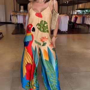 Tropical Print V-Neck Adjustable Spaghetti Straps Jumpsuit Casual Wide Leg Jumpsuit, women Jumpsuits, ChicMe catalog
