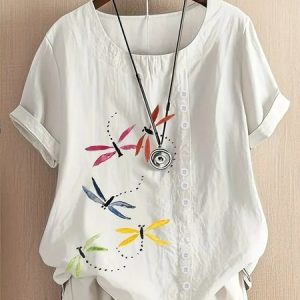Crew Neck Half Sleeve Dragonfly Regular Regular Fit Blouse For Women, Blouses, color:White|size:4XL, catalog Noracora shop