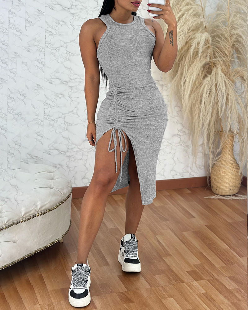 Sleeveless Side Drawstring Slit Ribbed Midi Dress Casual Slim Fit Dress, women Casual Dresses, ChicMe catalog