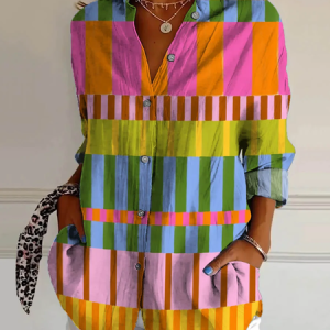 Women Geometric Long Sleeve Shirt Spring/Fall Buckle Shirt Collar Daily Casual Top, JustFashionNow Shirts, color:As Picture|size:XXL,