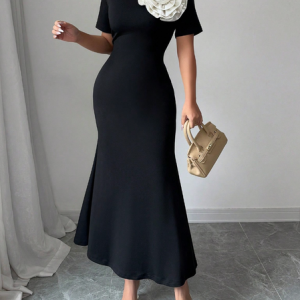 Elegant Color Block 3D Floral Midi Dress, Midi Dresses, color:Black|size:XXL, Stylewe
