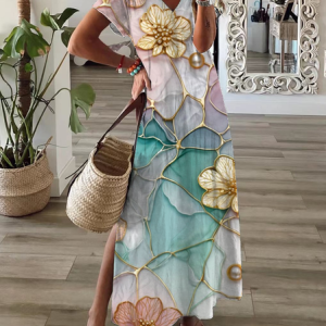 Women Floral Short Sleeve Summer Printing Dress V Neck Daily Casual Maxi T-Shirt Dress X-Line Dress, JustFashionNow Casual Dresses, color:As Picture|size:3XL,
