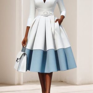 Elegant Color Block  V Neck Knee Length Dress With Belt, Midi Dresses, color:As Picture|size:XXL, Stylewe