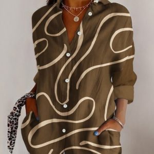 Vintage Geometric Printed Loose Comfy Daily Shirt For Women, Shirts, color:Brown|size:5XL, catalog Noracora shop