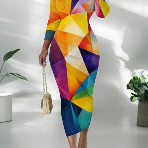 Elegant Geometric  Midi Dress, Midi Dresses, color:As Picture|size:XXL, Stylewe