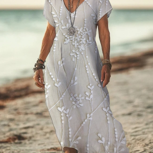 Women Floral Short Sleeve Summer Printing Dress V Neck Daily Casual Maxi X-Line Dress, JustFashionNow Casual Dresses, color:Apricot|size:3XL,
