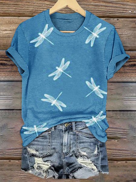 Women Floral Short Sleeve Tee T-shirt V Neck Casual Summer Top, JustFashionNow T-Shirts, color:Lake Blue|size:4XL,