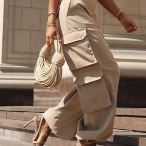 Casual Plain Pockets Fashion Pants No Belt, Pants, color:Khaki|size:XXL, Stylewe
