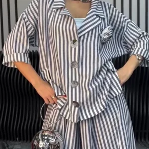 Casual Striped Lapel Collar Shirt With 3D Floral Brooch, Blouses and Shirts, color:Gray|size:XXL, Stylewe