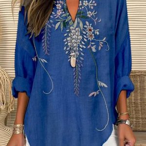 Shawl Collar Half Sleeve Floral Regular Loose Blouse For Women, Blouses, color:Blue|size:4XL, catalog Noracora shop