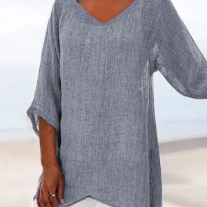 Women Plain Short Sleeve Shirt Summer V Neck Holiday Casual Top, JustFashionNow Blouses, color:Gray|size:M,