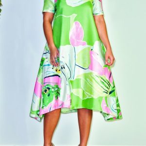 Urban Floral Printing Crew Neck Knee Length Dress, Midi Dresses, color:Green|size:XXL, Stylewe