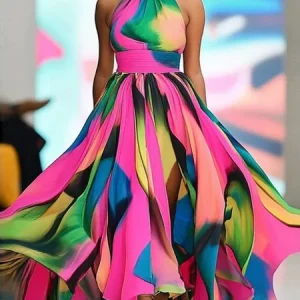 Vacation Random Print Side-Slit Stand Collar Maxi Dress With Belt, Maxi Dresses, color:As Picture|size:XXL, Stylewe