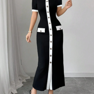 Elegant Color Block Buttoned Midi Dress, Midi Dresses, color:Black-white|size:XXL, Stylewe
