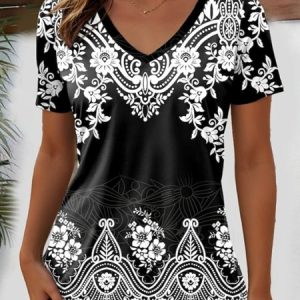 Casual Ethnic Print V Neck Short Sleeve T-shirt, T-shirts, color:Black|size:4XL, catalog Noracora shop