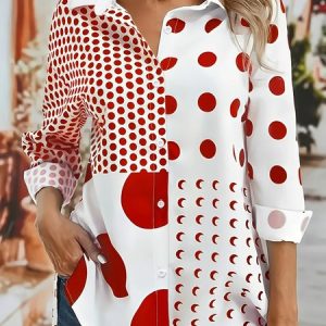 Shirt Collar Long Sleeve Polka Dots Regular Micro-Elasticity Regular Fit Shirt For Women, Blouses, color:Red|size:4XL, catalog Noracora shop