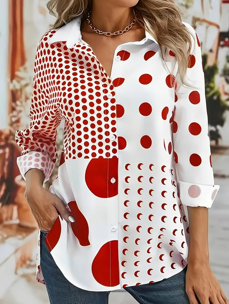 Women Polka Dots Long Sleeve Shirt Spring/Fall Shirt Collar Daily Casual Top, JustFashionNow Blouses, color:Red|size:4XL,