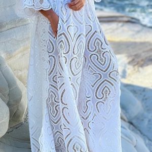 Vacation Plain Embroidery Wide Leg Pants, Pants, color:White|size:XXL, Stylewe