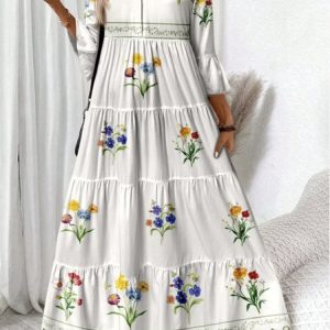 Women Floral V Neck Long Sleeve Comfy Casual Maxi Dress, Maxi, color:White|size:4XL, catalog Noracora shop