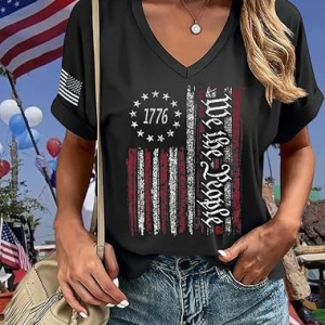 Casual America Flag V Neck Short Sleeve T-shirt, T-shirts, color:Black|size:4XL, catalog Noracora shop