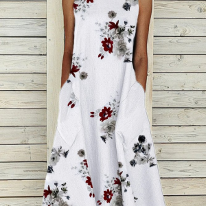 Women Floral Sleeveless Summer Printing Dress Crew Neck Daily Casual Maxi Fit & Flare Dress H-Line Dress, JustFashionNow Casual Dresses, color:White|size:3XL,