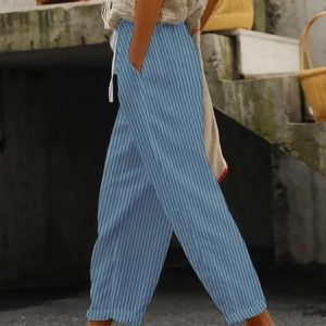 Women Striped Long Pant Casual Spring/Fall Trousers, JustFashionNow Pants, color:Blue|size:5XL